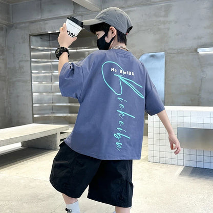 New Casual Boys Top and Bottom Clothes Set Summer Suit for Tween Children Clothing Kids Teenager Shorts Sleeve Tshirt Shorts Set