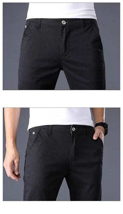 Summer Thin Men's Casual Pants Cotton 7 Colors Classic Style Elastic Straight Slim Fit Business Fashion Long Trousers Male