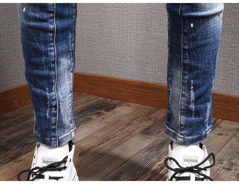 Fashion Streetwear Men Jeans Retro Black Blue Elastic Slim Fit Ripped Jeans Men Spliced Designer Embroidery Hip Hop Denim Pants