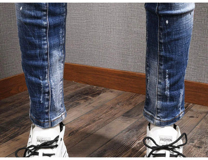 Fashion Streetwear Men Jeans Retro Black Blue Elastic Slim Fit Ripped Jeans Men Spliced Designer Embroidery Hip Hop Denim Pants