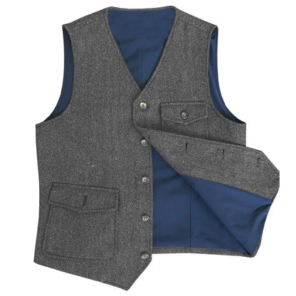 Men Vest Dark Green Herringbone Single Button V Neck Pocket Waistcoat For Wedding Party Business Work Daily Casual Men Suit Vest