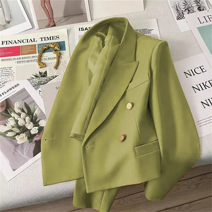 High-Quality Double Breasted Crop Blazer Women Korean Solid Long Sleeve Suit Coat Office Ladies Elegant Short Jacket Female Coat