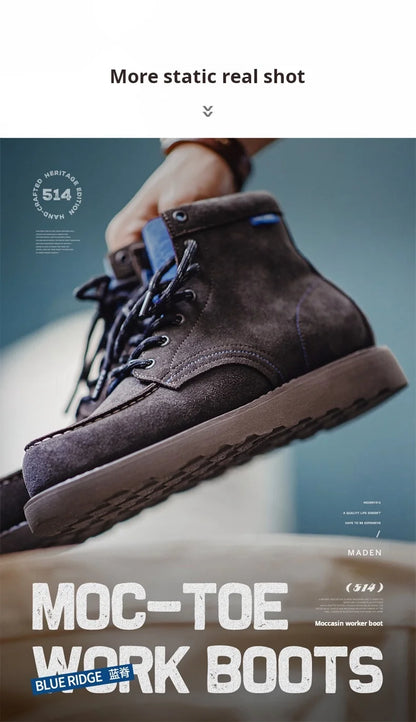Maden Men's Vintage Brown Cow Suede Work Boots Chunky Sole Lace-Up High Top Thermal Combat Boots for Autumn and Winter Shoes