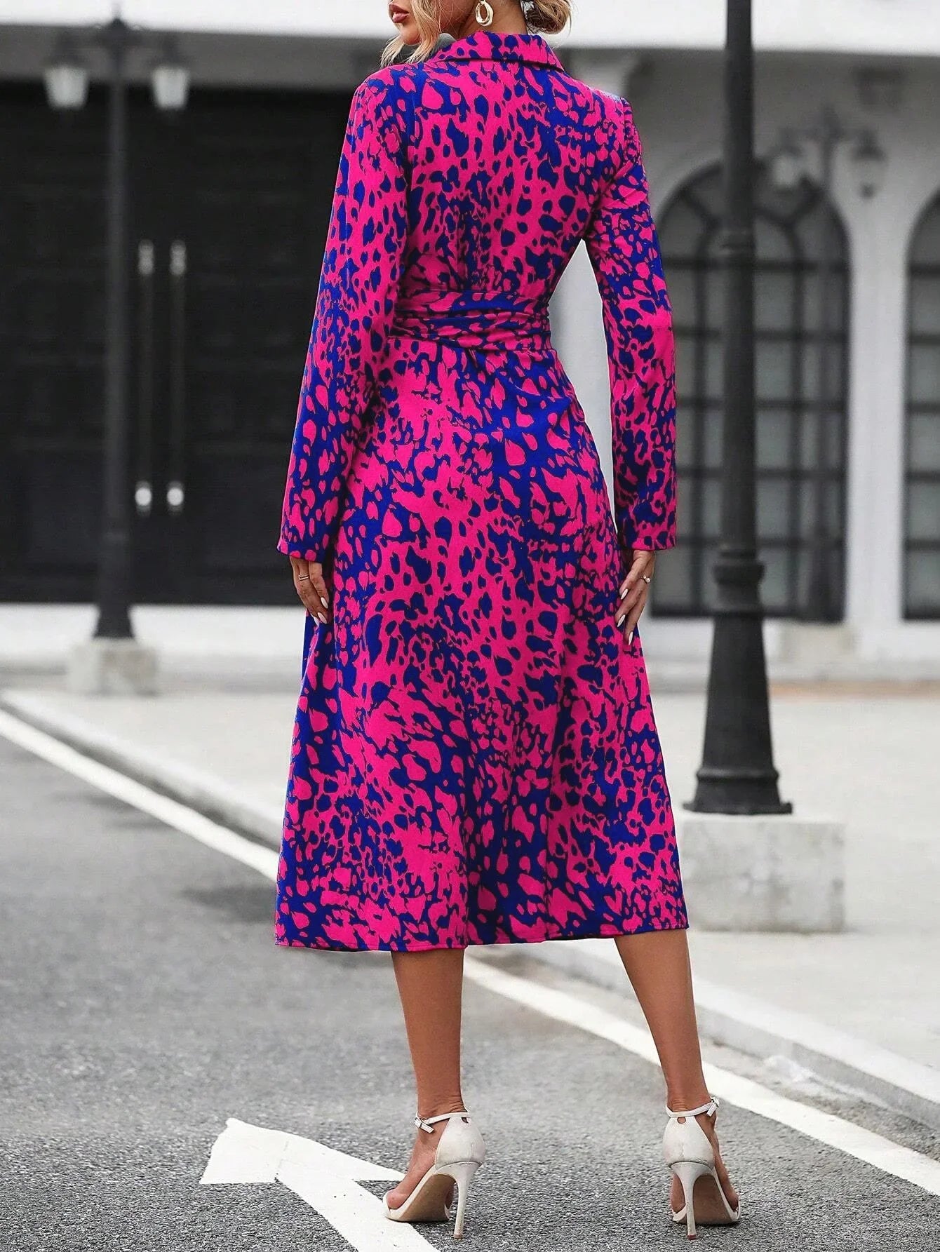 Elegant Random Print Button Down Shirt Dress Women's Long Sleeve Belted Waist Midi Dress Spring Fall Office Casual Dress