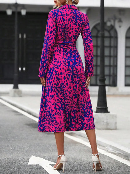 Elegant Random Print Button Down Shirt Dress Women's Long Sleeve Belted Waist Midi Dress Spring Fall Office Casual Dress