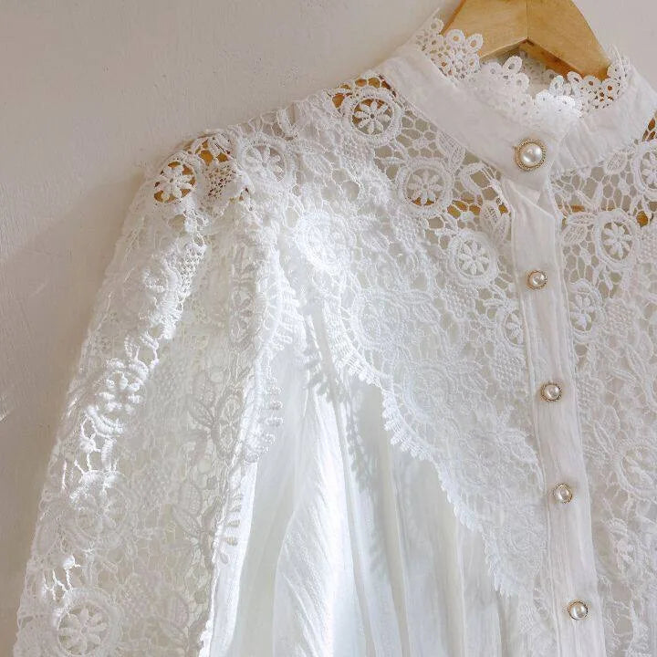 Vintage Solid White Lace Blouse Shirts Women New Korean Button Loose Shirt Tops Female Hollow Casual Ladies Blouses Blusas