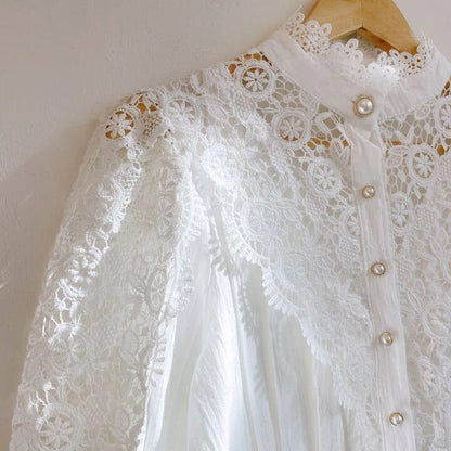 Vintage Solid White Lace Blouse Shirts Women New Korean Button Loose Shirt Tops Female Hollow Casual Ladies Blouses Blusas