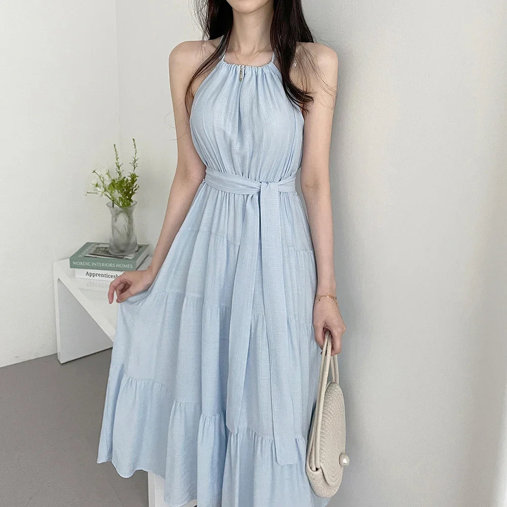 Korean Style Summer Slimming Necktie Waist Cinched Sleeveless Vest Long Dress Women's Fashionable Commute Style Inner Wear