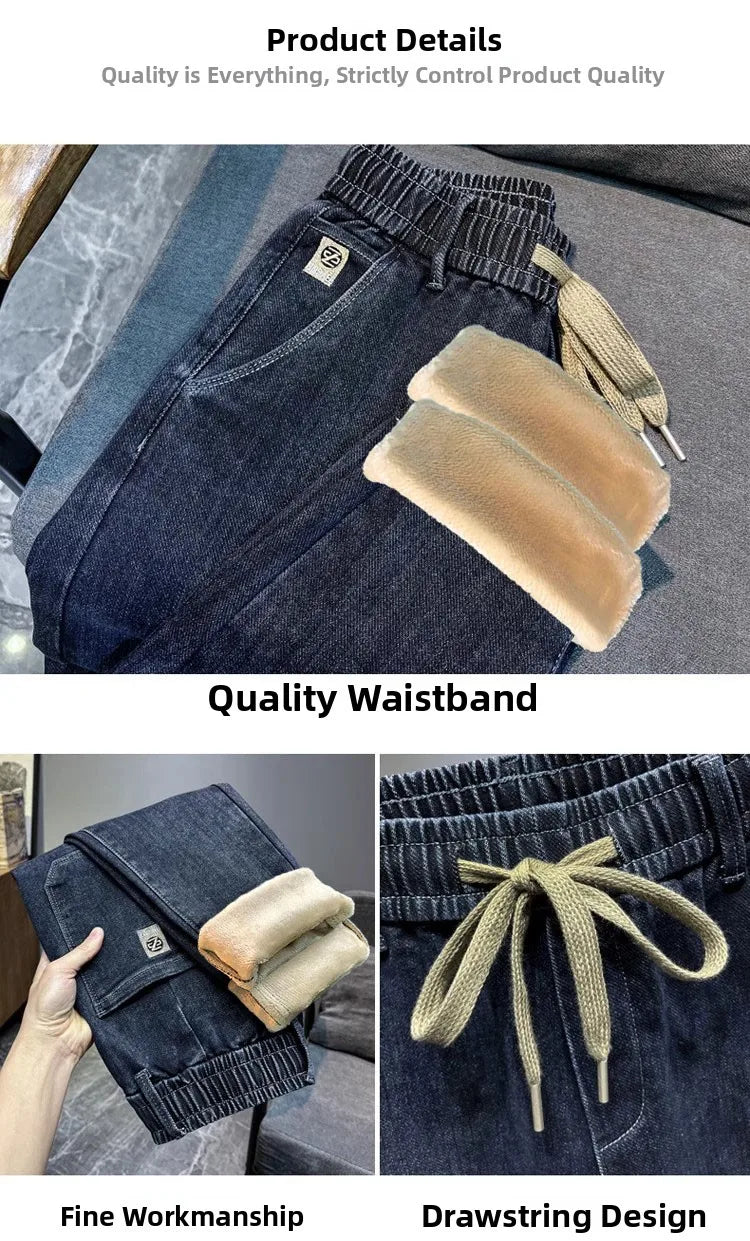 Warm Fleece Lined Elastic Waist Casual Straight Leg Men's Jeans Premium Quality Autumn Winter Thickened Stretch Denim Pants