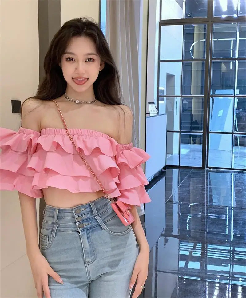 Off Shoulder Fashion Woman Blouse Stacked Ruffles Crop Top Shirt Summer Designer Short Sleeve Chiffon Sexy 2023 New