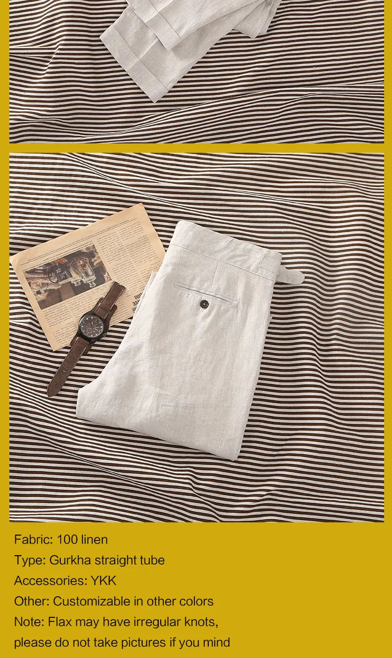 Men's 100% Linen Gurkha Pants - Italian Casual Style, Straight Leg, Relaxed Fit with Adjustable Waist, Old Money Aesthetic