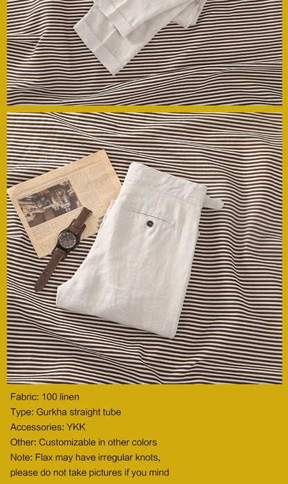 Men's 100% Linen Gurkha Pants - Italian Casual Style, Straight Leg, Relaxed Fit with Adjustable Waist, Old Money Aesthetic