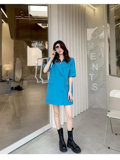 Korean Fashion Loose Thin Blazer Women Spring Autumn New Extra Large Mid Length Short Sleeved Women Coat Casual Outwear