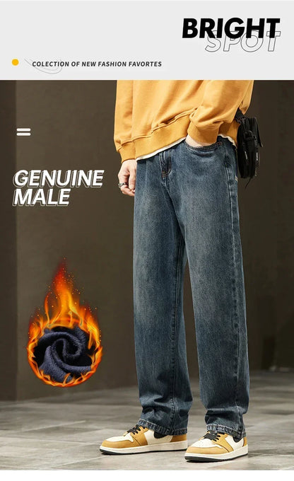 Thick Vintage Jeans Men's Winter Straight Warm Fleece Baggy Thermal Denim Trousers Fashion Korean Wide Male Plush Pants