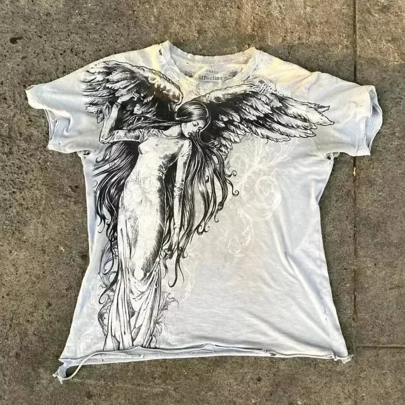Y2K White Shirt Affliction Retro T Shirt Harajuku Men Skull Holy Writ Letter Printing Tee Fashion Gothic Short Sleeves Tops