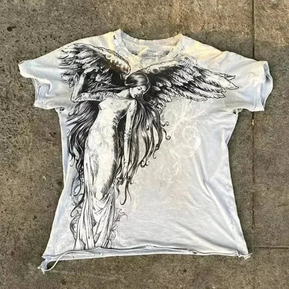 Y2K White Shirt Affliction Retro T Shirt Harajuku Men Skull Holy Writ Letter Printing Tee Fashion Gothic Short Sleeves Tops