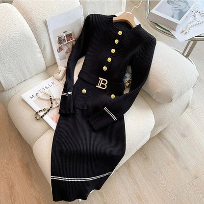 2025 Autumn Winter Women Knitted Dress Brand Fashion O-neck Buttons Bodycon Sweater Dress with Belt Lady Office Dress