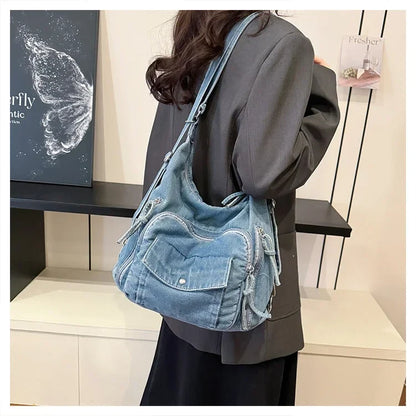 Solid Color Denim Trendy Shoulder Bag for 2025 High Quality Fashion Zipper Large Capacity Versatile Women's Crossbody Bag