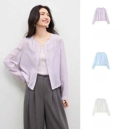 Women's Oversized Lyocell Shirt 2026 Spring Summer Round Neck Long Sleeve Drawstring Sheer Casual Top 161WB5014