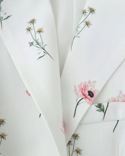 Women's Floral Print Blazer, White Pink Flower Casual Suit Jacket, Notch Lapel Loose Outwear with Tie Waist, Spring Daily Wear