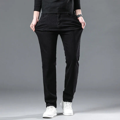 2025 New Winter Pure Black Fleece Thick Warm Jeans Men's loose Straight Elastic Denim Pants classics Casual Plush Trousers