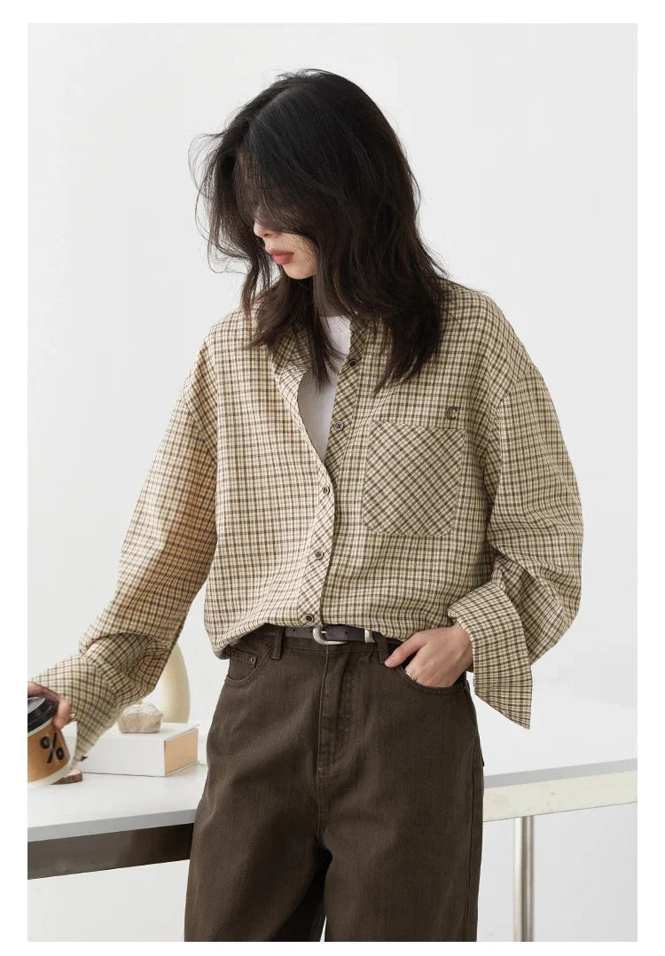 Women Shirt Loose Casual Single-breasted New Retro Contrast Plaid Embroidered Blouses Female Top Autumn Winter 2026