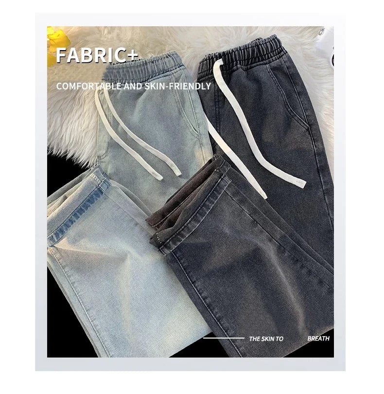 Casual Jeans Men's Baggy Straight Elastic Waist Drawstring Korea Fashion Male Vintage Denim Trousers Streetwear 3XL