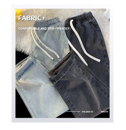 Casual Jeans Men's Baggy Straight Elastic Waist Drawstring Korea Fashion Male Vintage Denim Trousers Streetwear 3XL