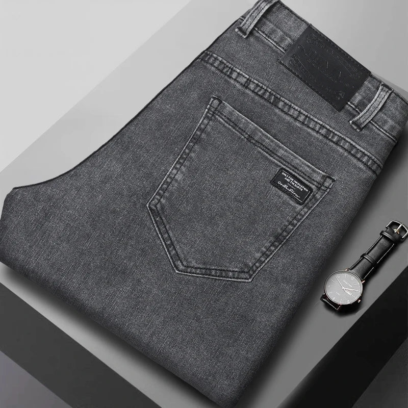 Spring New Men's Slim Fit Elastic Jeans Fashion Gray Comfortable Casual Denim Pants Korean Business Work Straight Black Trousers