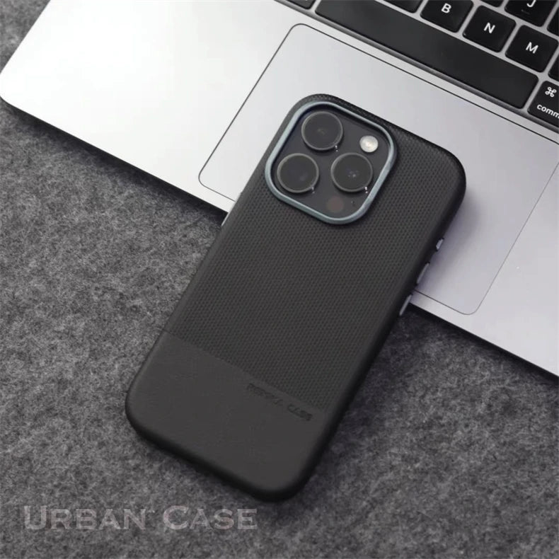 For Magsafe Fine Grained Leather Case For iPhone 17 Pro Max Ari 16 15 14 13 Metal Lens Frame Wireless Charge Accessories Cover