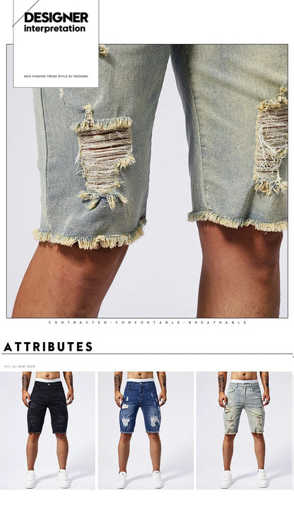 Vintage Denim Shorts Men's American Stretch Slim Jeans Fashion Ripped Streetwear Male Hole Frayed Short Pants Blue Black