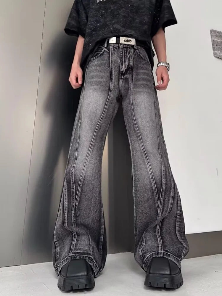 2026Trashy Y2K Streetwear Washed Grey Baggy Stacked Flare Jeans Pants Men 90S Vintage Clothes Hip Hop Luxury Male Long Trousers