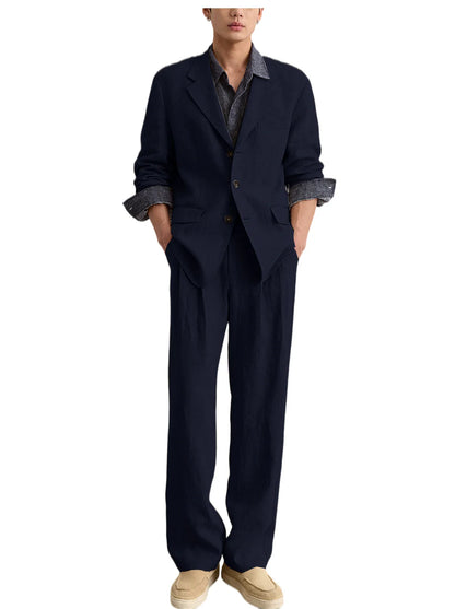 Men's Linen 2 Piece Set Notched Lapel Loose Fit Blazer Wide Leg Trousers Lightweight Breathable Spring Business Casual DailyWear