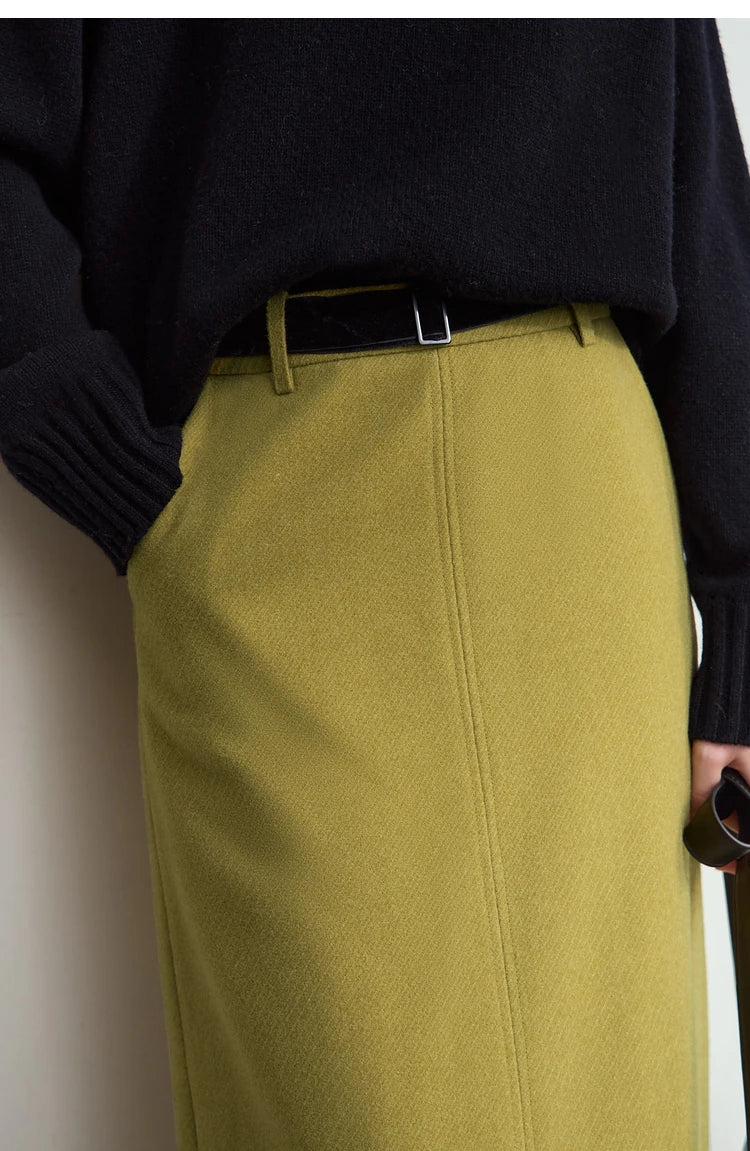 Minimalism Women's Elegant Commuter Skirts with Velvet Belt 2024 Winter Twill Fabric Warm Slit Straight Midi Skirt 12444183