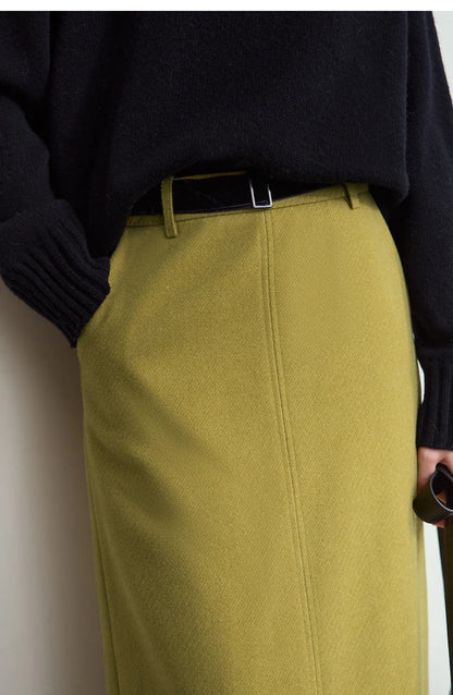 Minimalism Women's Elegant Commuter Skirts with Velvet Belt 2024 Winter Twill Fabric Warm Slit Straight Midi Skirt 12444183