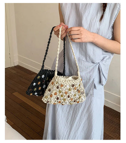 Hollow Beading Women Shoulder Bag Rope Knitting Handbags Bohemian Crochet Mesh Bags for Women Small Woven Beach Bag Flap Tote