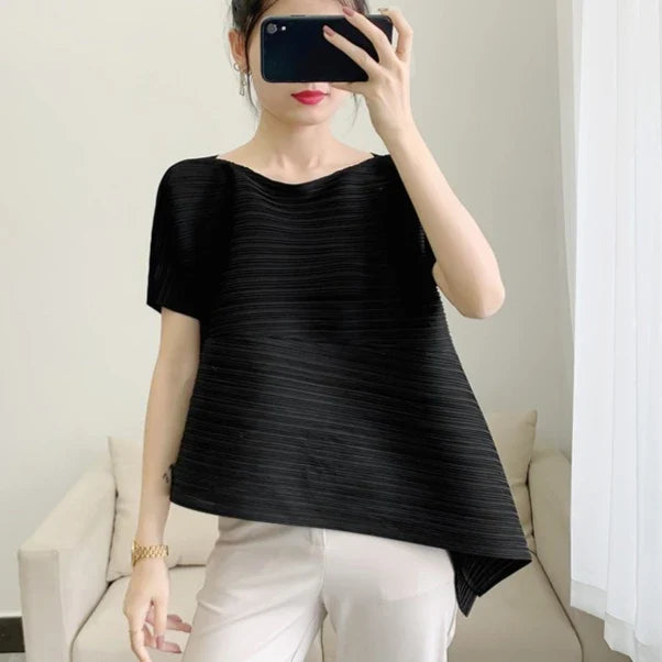 Miyake Irregular Short Sleeve Pleated Top Simple Loose Plus Size with Stretch T-Shirt Vacation Office Clothing Polyester Crepe