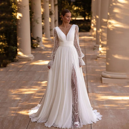 Chiffon Split Wedding Dresses For Bride Puff Sleeve V-Neck A-line robe de mariée Customized Backless Civil Bride Gowns Women