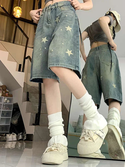Women High Waist American Retro Washed Wide Leg Jeans Girls Street Do Old Star Loose Denim Pants Female Blue Knee Length Shorts