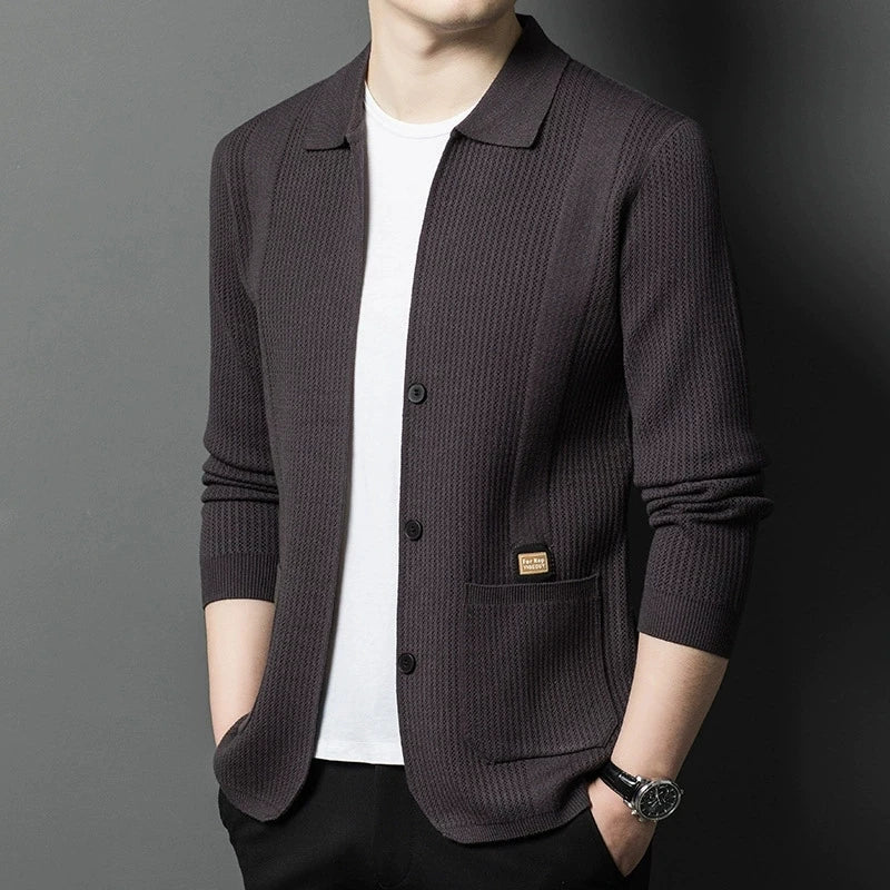 High-Quality Men's Knitted Cardigans Solid Color Simple Business Lapel Knitwear Coat Man Autumn New Long Sleeves Sweater Jacket