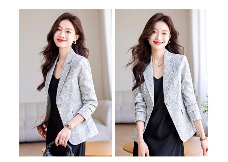 Women Blazer Office Lady 2024 Elegant Slim Notched Women Blazers Jackets Button Long Sleeve Decorative Pattern Female Suit Coat