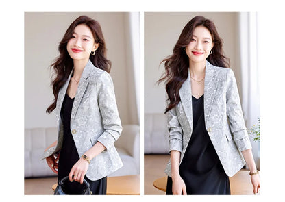 Women Blazer Office Lady 2024 Elegant Slim Notched Women Blazers Jackets Button Long Sleeve Decorative Pattern Female Suit Coat