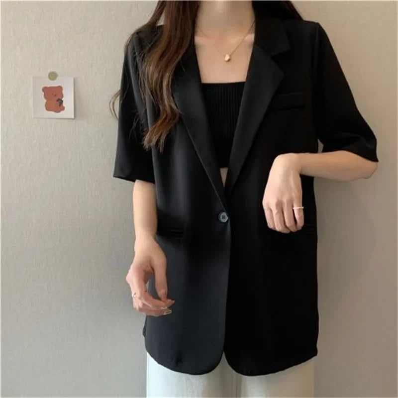 2026 Female Short Sleeved Suit Coat Women Summer Loose Fitting Solid Color Blazer Jacket Ladies Korean Leisure Tops Outerwear