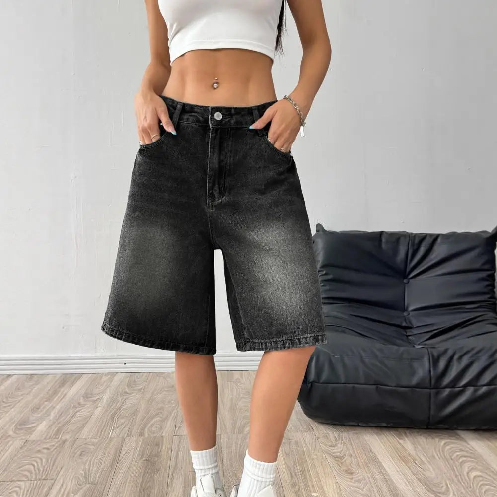 Women's Bermuda Summer Jean Shorts High Waisted Knee Length Baggy Jorts Wide Leg Breathable  Loose Denim Shorts with Pockets