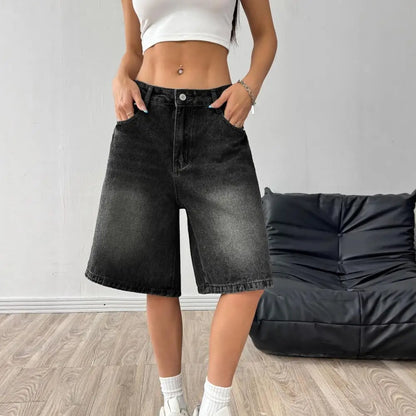 Women's Bermuda Summer Jean Shorts High Waisted Knee Length Baggy Jorts Wide Leg Breathable  Loose Denim Shorts with Pockets