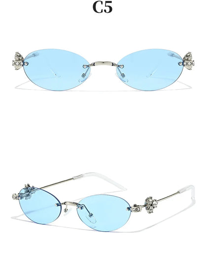 Women's Fashion Glasses Exquisite Diamond Decoration Sunglasses Oval Shaped Frame Cut Edge Frameless Small Outdoor Sun Glasses