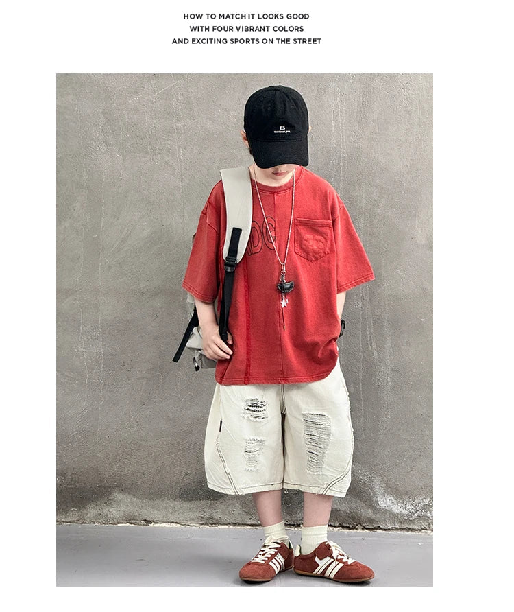 Cool Style Teenager Summer Set T-shirt And Ripped Denim Shorts Clothing Set for Kids Boy Age 7 To 14 Years Children Clothes Suit
