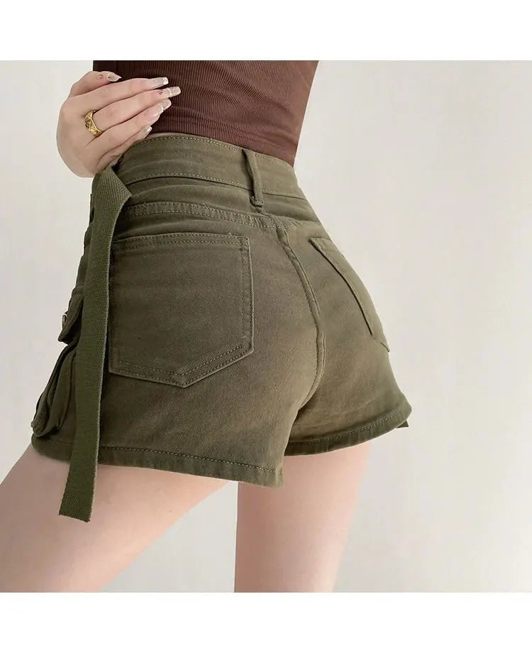 Women Military Green Denim Cargo Shorts Summer High Waisted Loose Wide Leg Y2K Hot Girl Casual Short Pants with Pockets