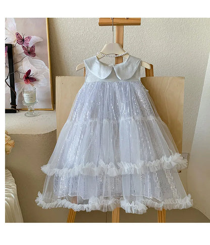 Sweet Baby Girls High-end 2026 New Summer Mesh Princess Sundress Kids Exquisite Sequin Doll Collar Tulle Ruffle Cake Formal Gown