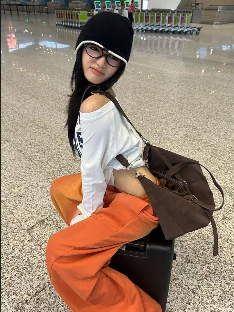 Women's Jeans Orange Mid Low Waist Washed Retro Wide Leg Loose Sports Kpop Hip-hop Street Pants Fashion Women's Pants